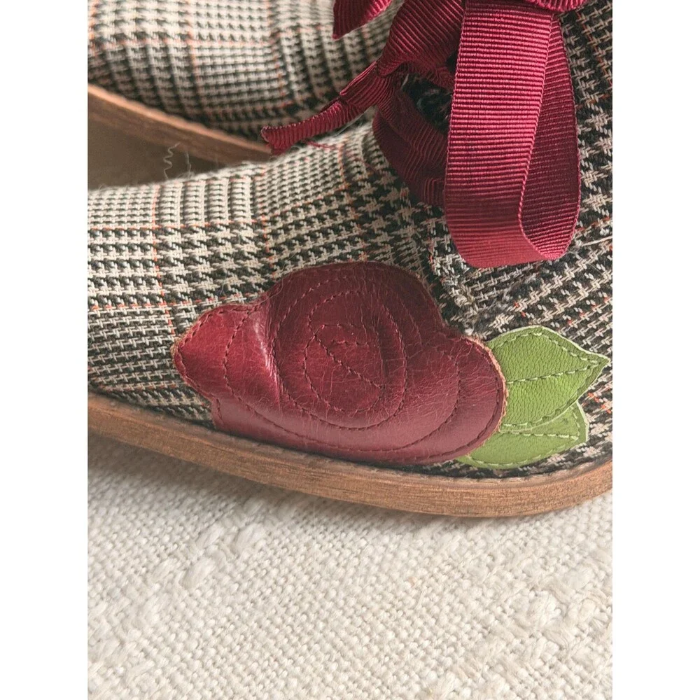 Vintage Plaid Heeled Oxfords | Leather Rose Appliqué Shoes, Portugal